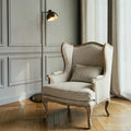 Homecrest Grantham grey fabric wingback armchair with a solid wood frame in a classic living room setting.
