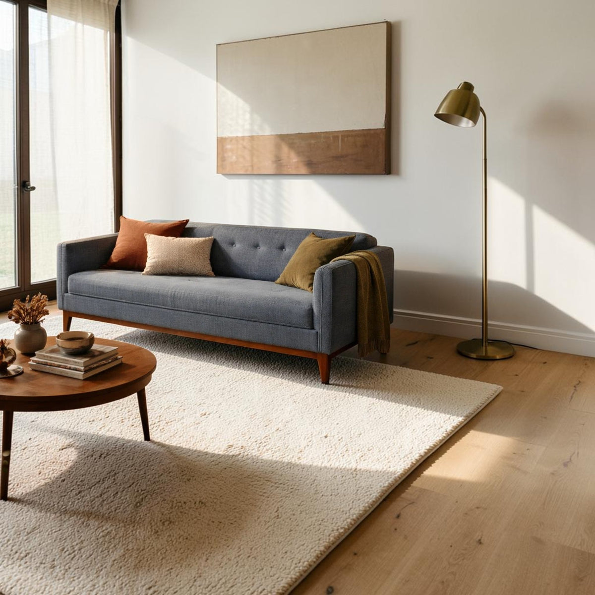 Homecrest 3-seater sofa in grey fabric with a tufted back and solid wood frame in a modern living room setting.