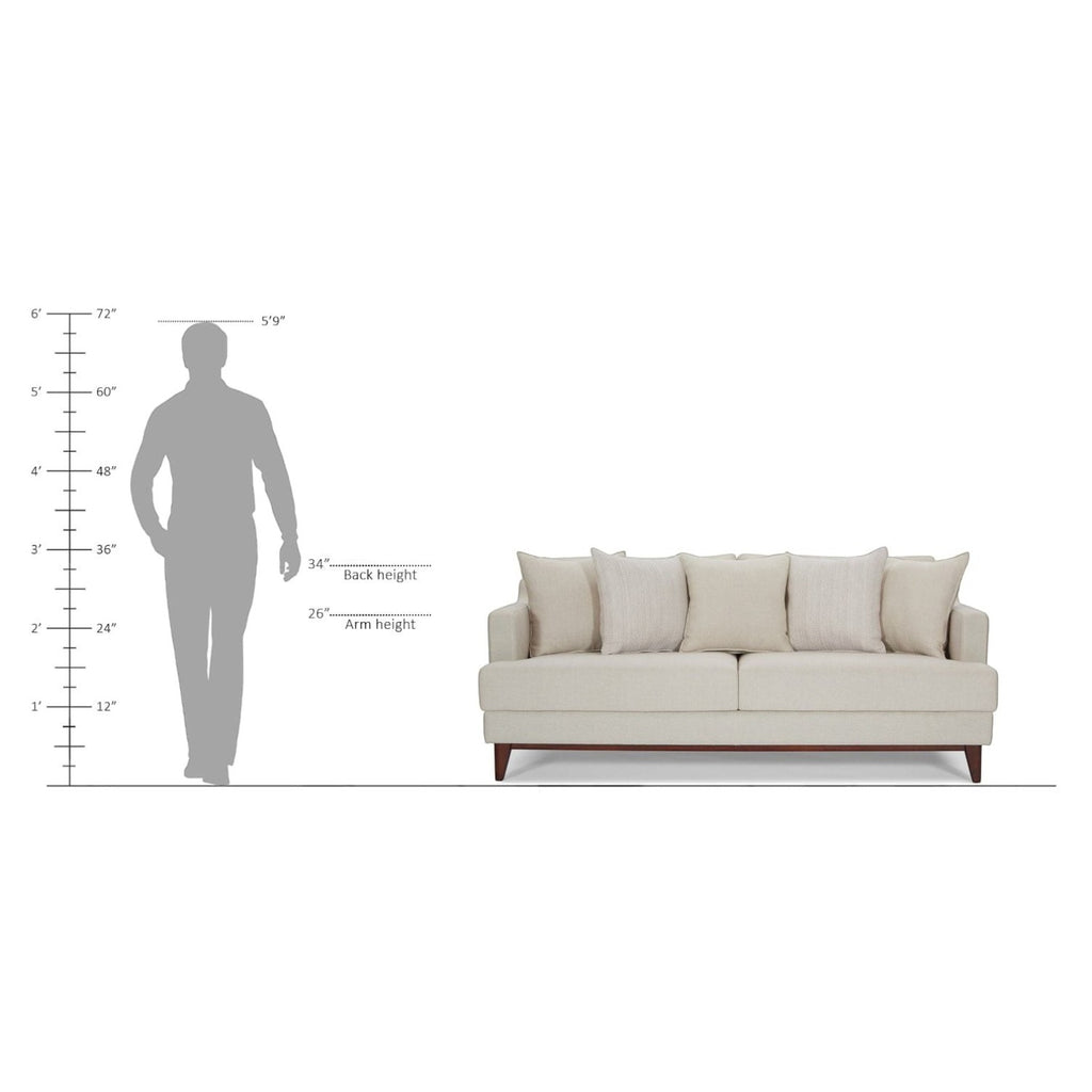 Homecrest Halden mid-century lounge sofa with beige upholstery and teak wood legs, shown with scale reference figure.
