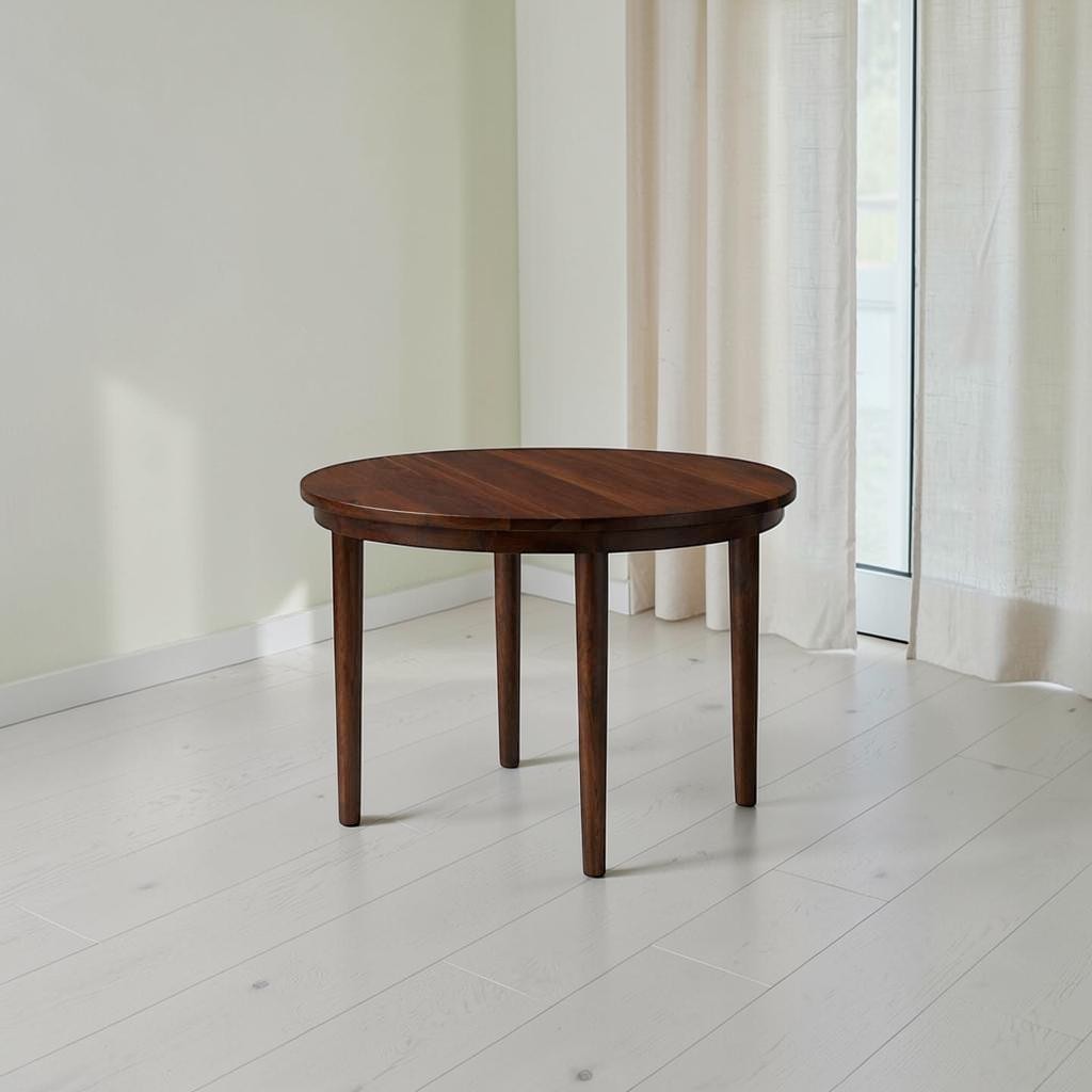 Homecrest Halland round dining table in dark teak finish made from solid sheesham wood with a minimal design