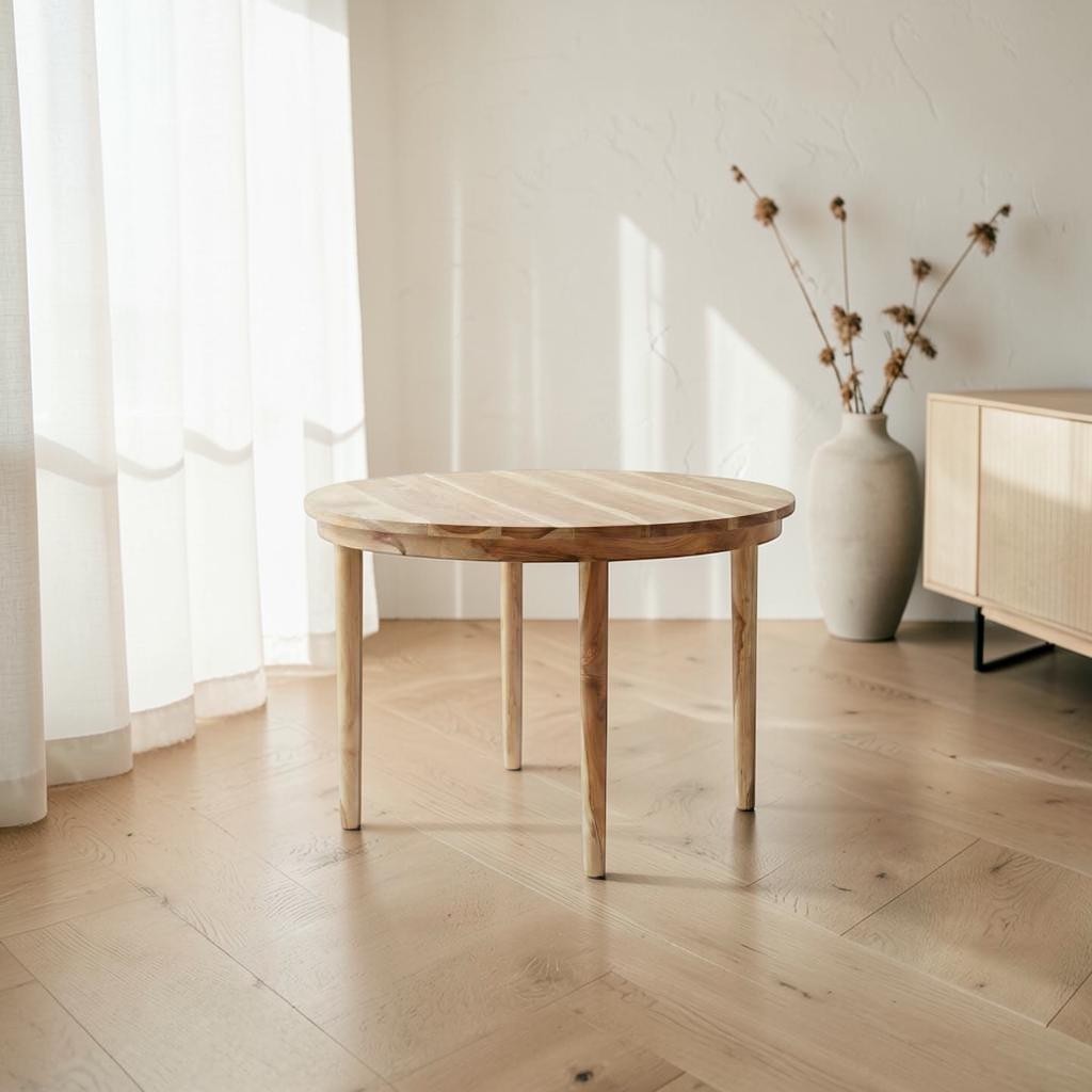 Homecrest Halland round dining table in natural sheesham wood with a minimalist Scandinavian design