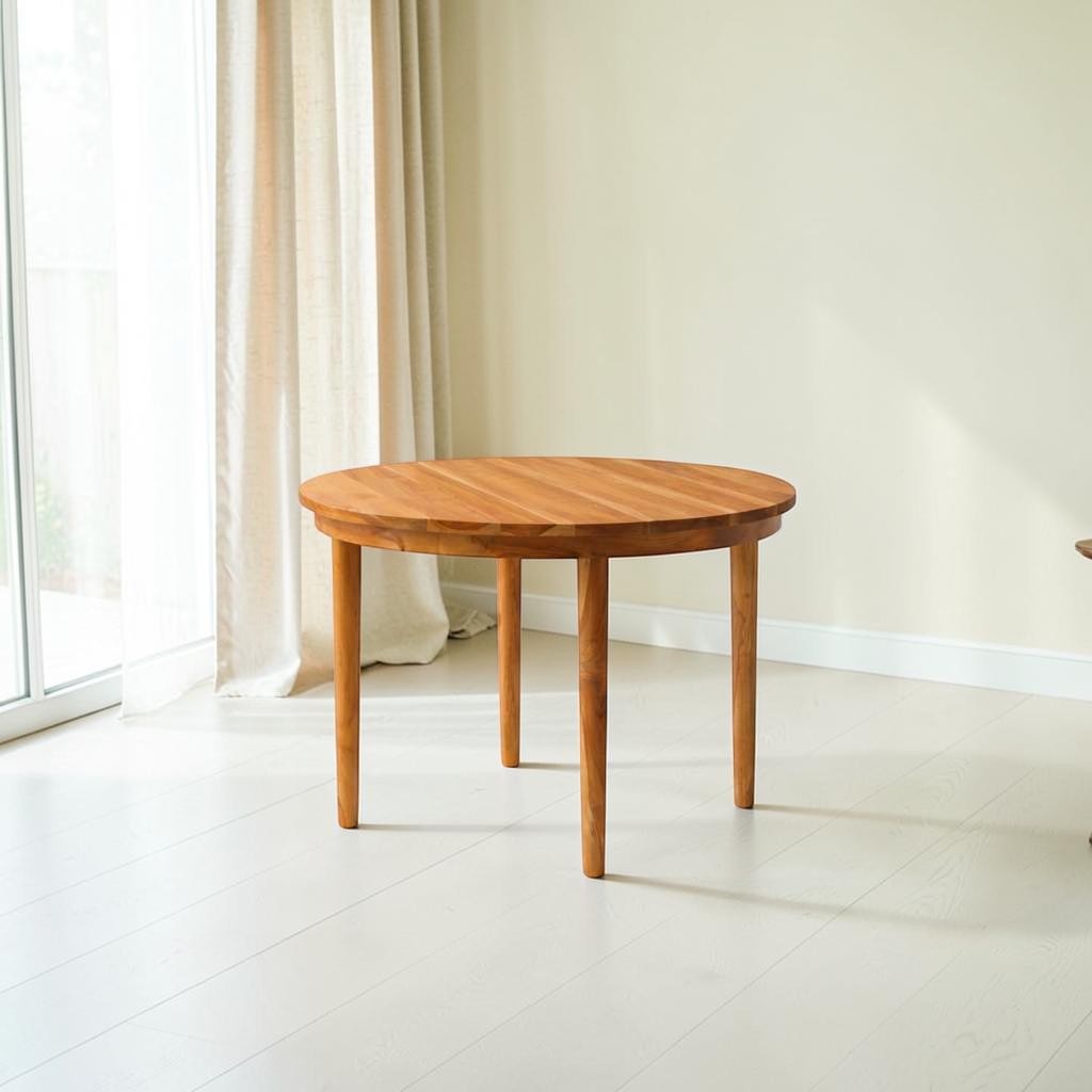 Homecrest Halland round dining table in natural sheesham wood with a minimal Scandinavian design