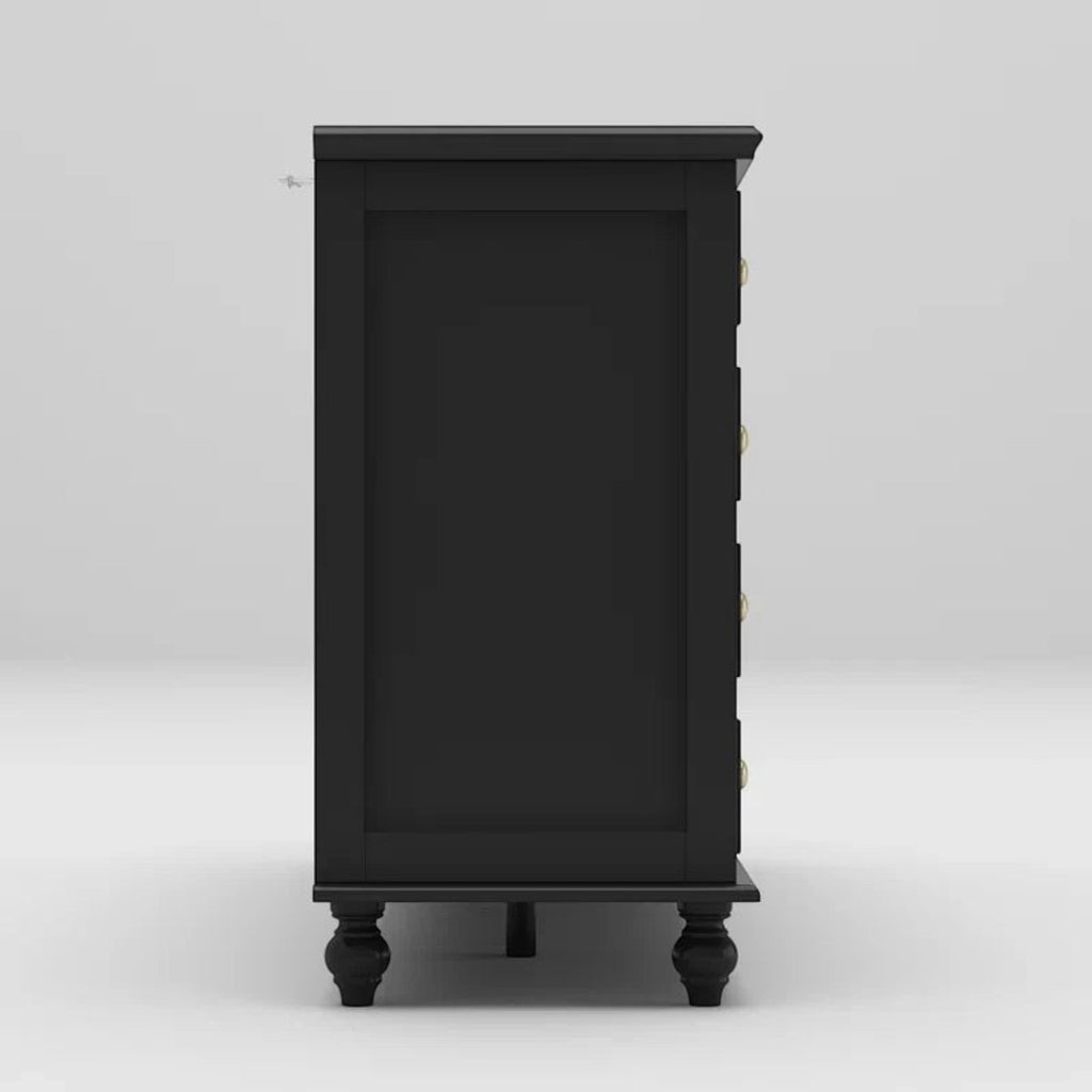 Homecrest Halstead twelve-drawer chest in black sheesham wood with a side profile view showing slim designer legs