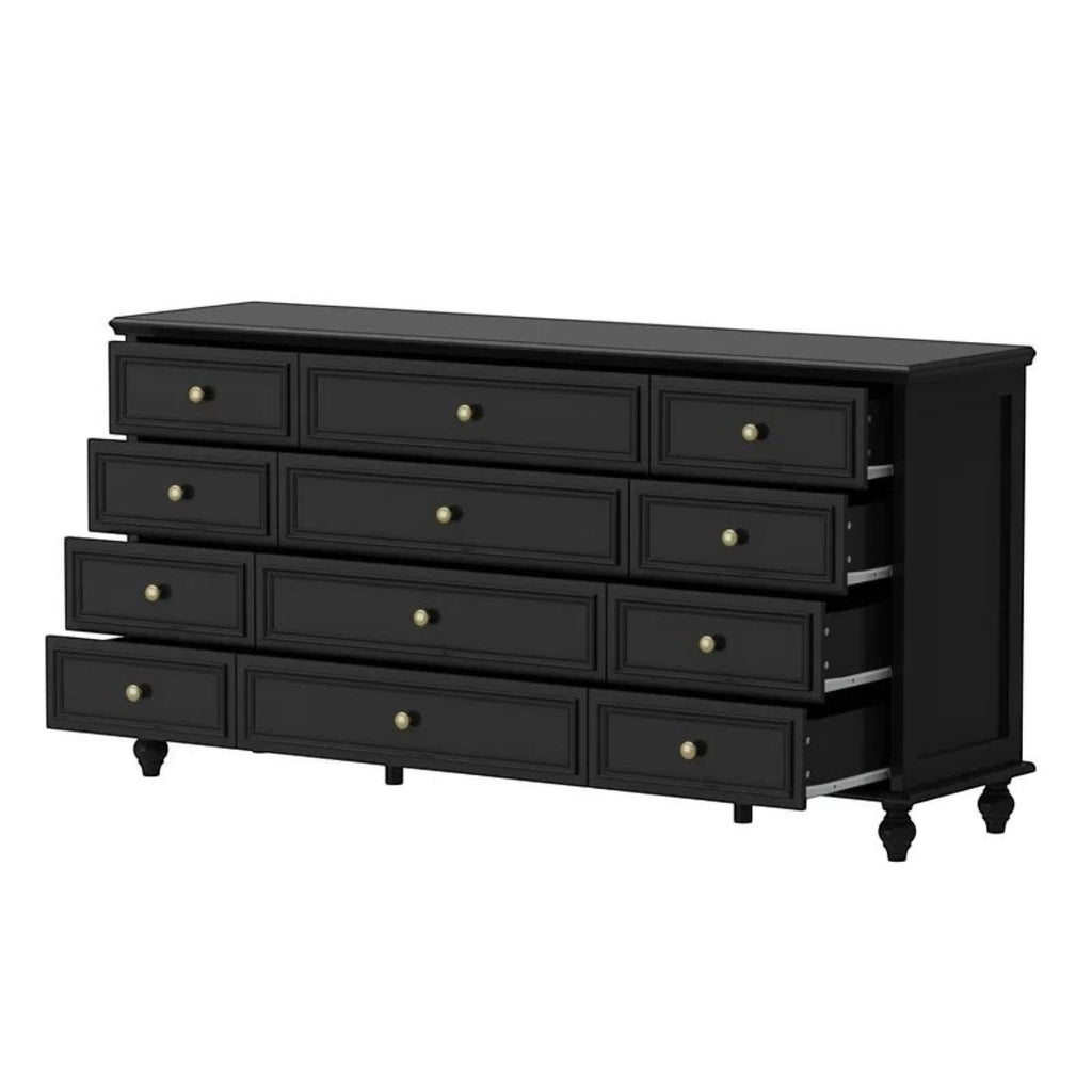 Homecrest Halstead twelve-drawer chest in black sheesham wood with gold knobs and slim designer legs.