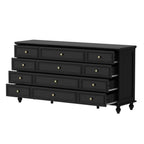 Homecrest Halstead twelve-drawer chest in black sheesham wood with gold knobs and slim designer legs.