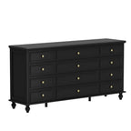 Homecrest Halstead twelve-drawer chest in black sheesham wood with gold knobs and slim designer legs