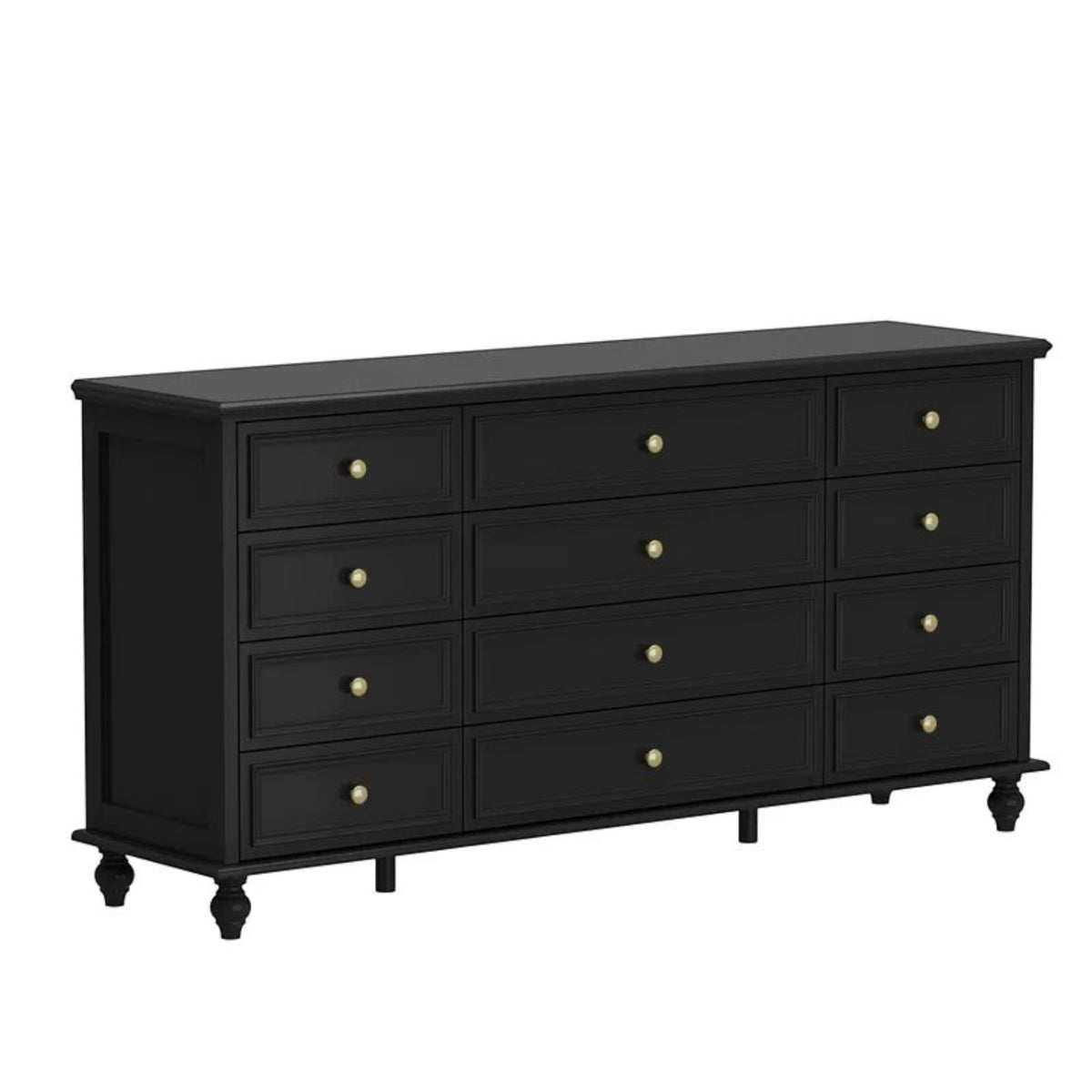 Homecrest Halstead twelve-drawer chest in black sheesham wood with gold knobs and slim designer legs