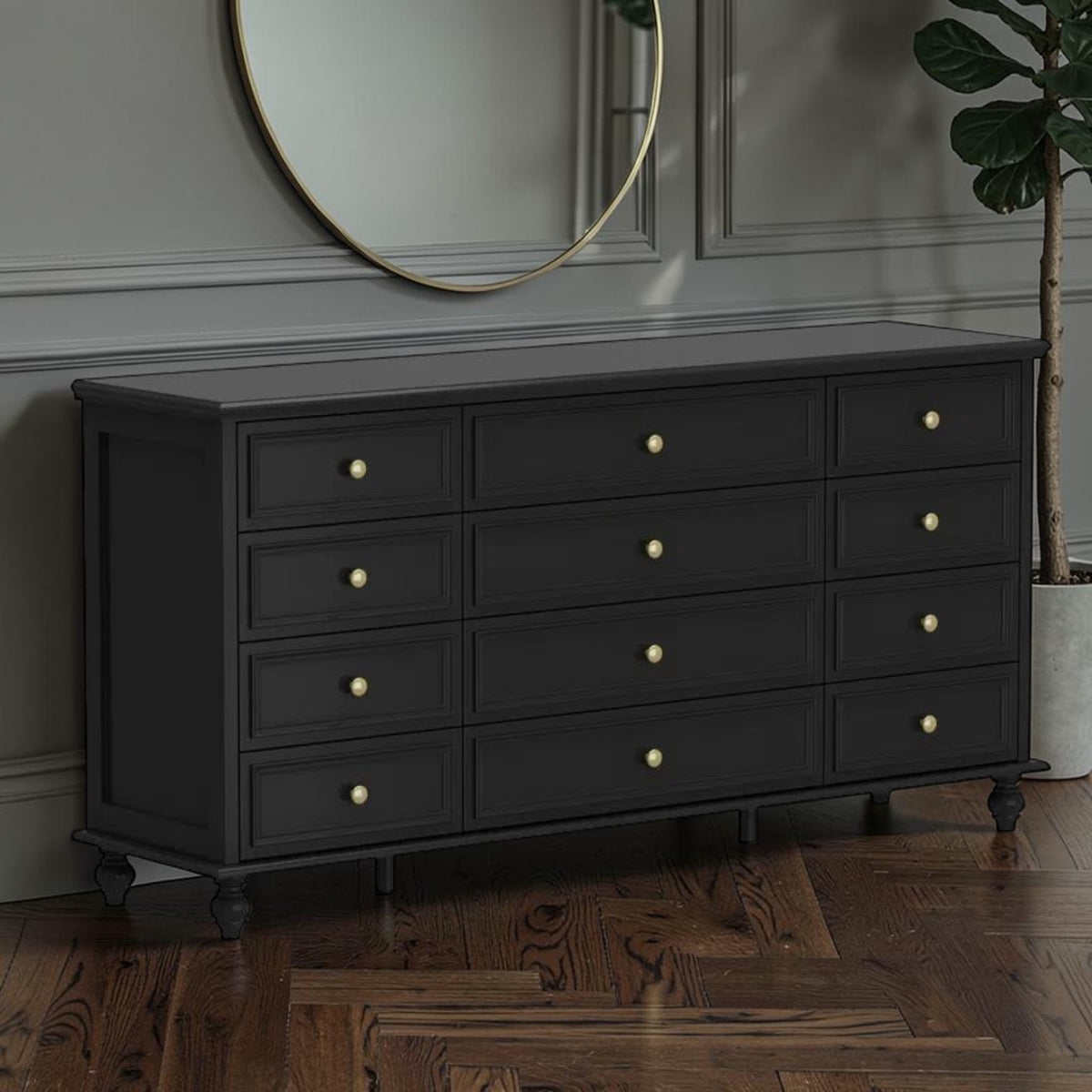 Homecrest Halstead twelve-drawer chest in black sheesham wood with gold knobs on slim designer legs