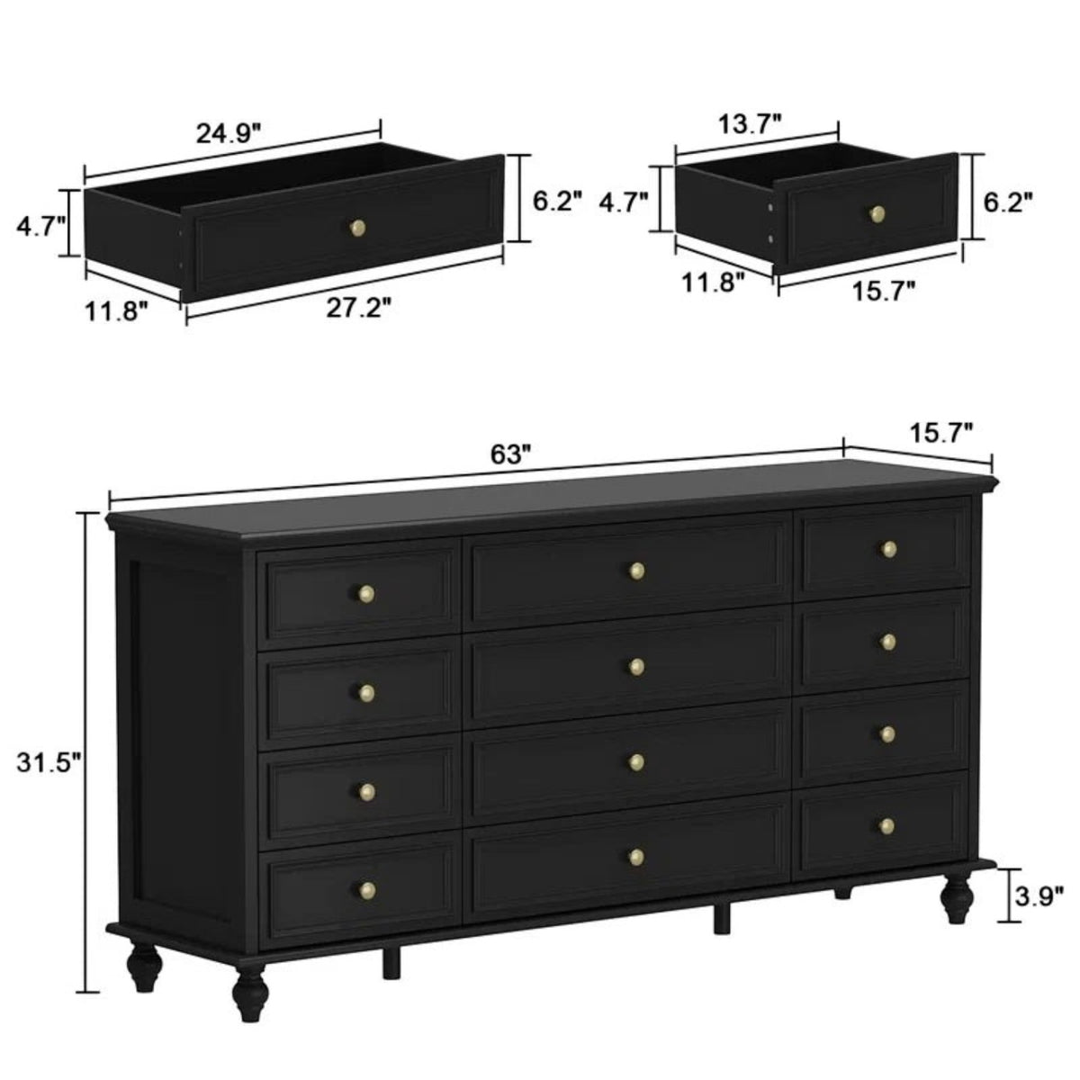 Homecrest Halstead black twelve-drawer chest made of sheesham wood with gold knobs and slim designer legs