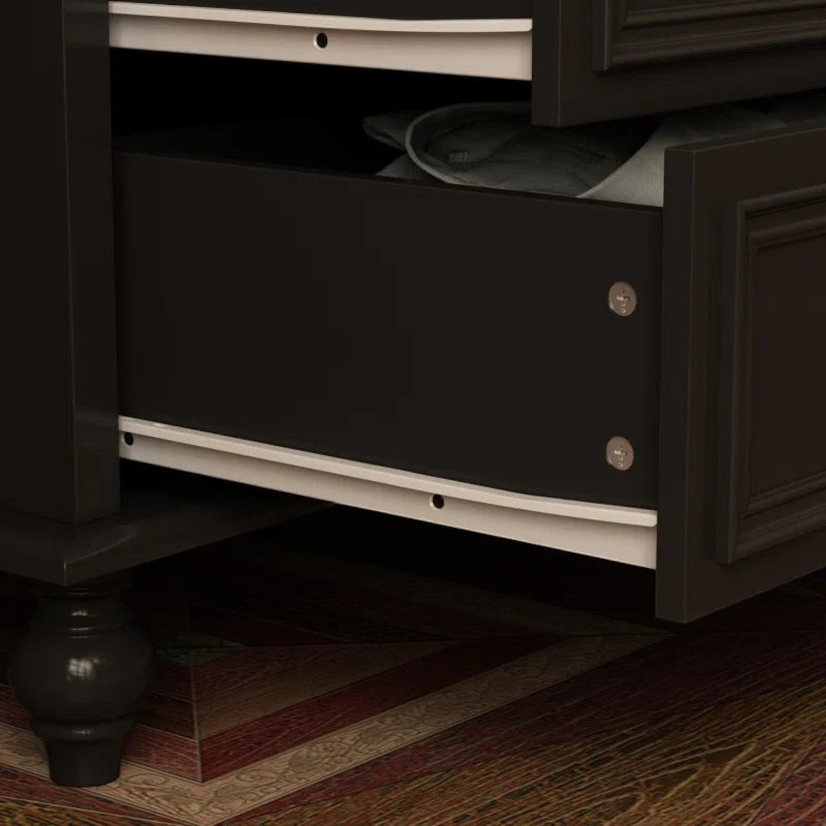Homecrest Halstead black sheesham wood twelve-drawer chest featuring a smooth sliding drawer mechanism