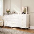 Homecrest Halstead white twelve-drawer chest made of sheesham wood with gold knobs on slim designer legs