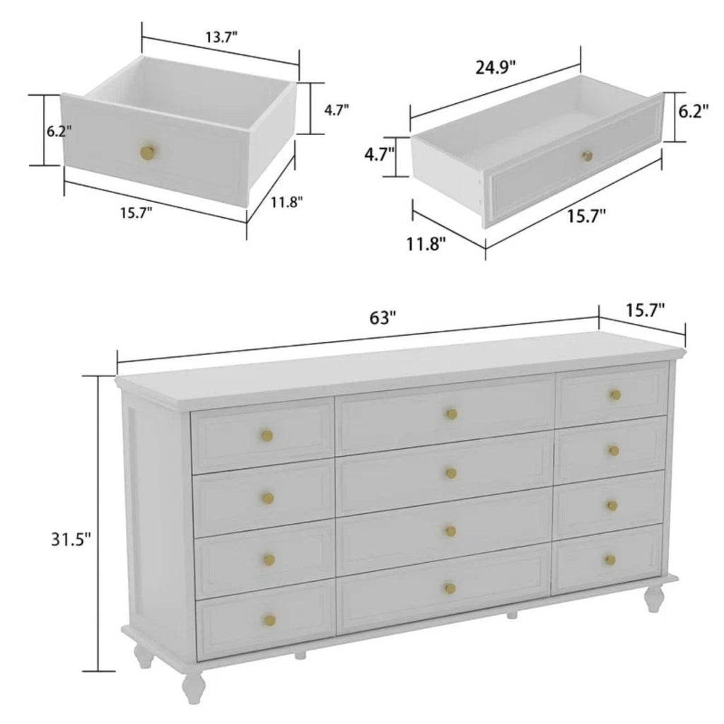 Homecrest Halstead white twelve-drawer chest with gold knobs and detailed dimensions for storage and frame.