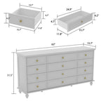 Homecrest Halstead white twelve-drawer chest with gold knobs and detailed dimensions for storage and frame.