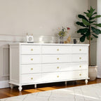 Homecrest Halstead white twelve-drawer chest made of sheesham wood with gold knobs on slim designer legs