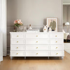 Homecrest Halstead twelve-drawer white sheesham wood chest with gold knobs on slim designer legs in a bright room