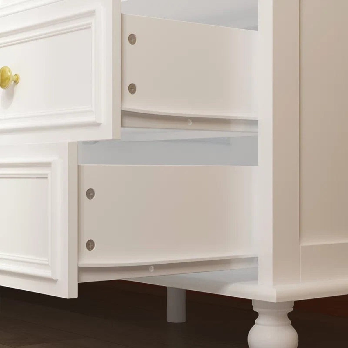 Homecrest Halstead twelve-drawer chest in white sheesham wood with open drawer showing interior construction