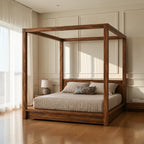 Homecrest Harberton canopy bed made of solid dark Sheesham wood with a low headboard in a minimalist bedroom setting.