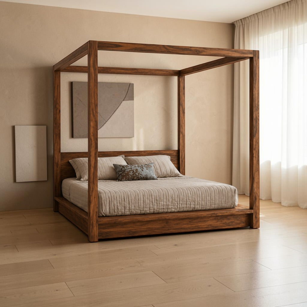 Homecrest Harberton canopy bed made of solid Sheesham wood with a low headboard in a minimalist bedroom setting