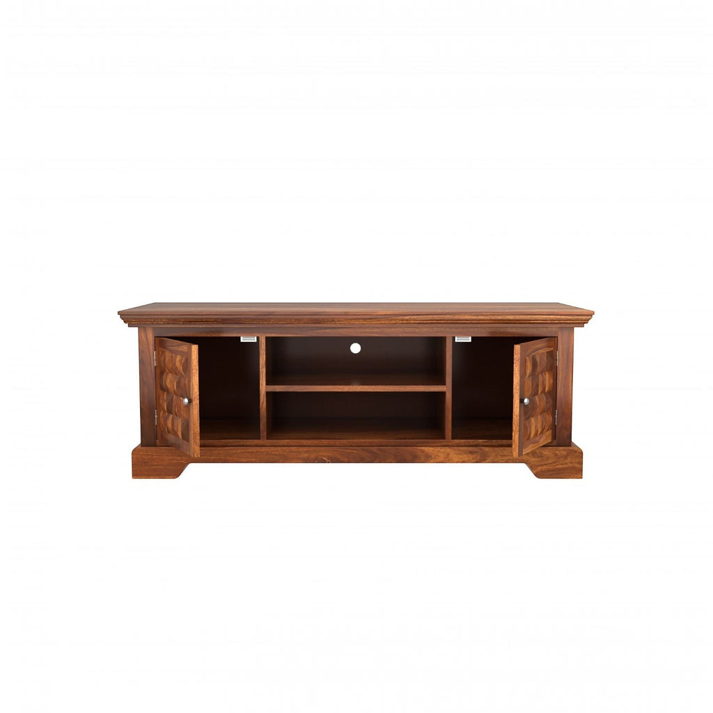 Homecrest Idris low-rise media unit in solid sheesham wood with a walnut finish, featuring open shelves and doors.