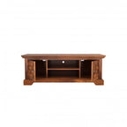 Homecrest Idris low-rise media unit in solid sheesham wood with a walnut finish, featuring open shelves and doors.