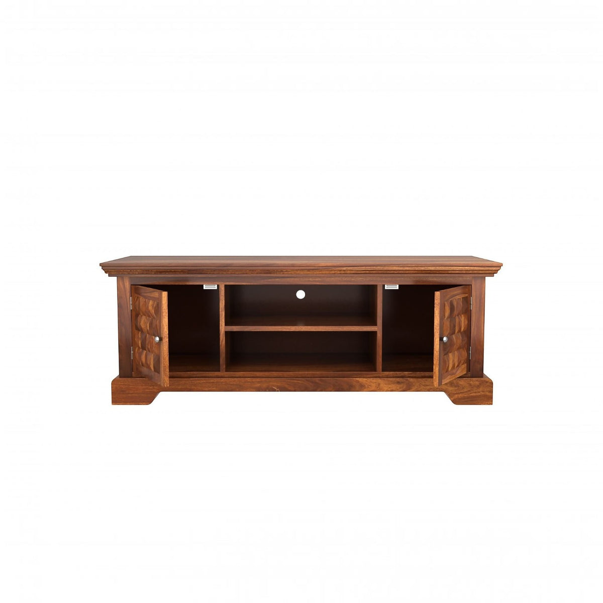 Homecrest Idris low-rise media unit in solid sheesham wood with a walnut finish, featuring open shelves and doors.