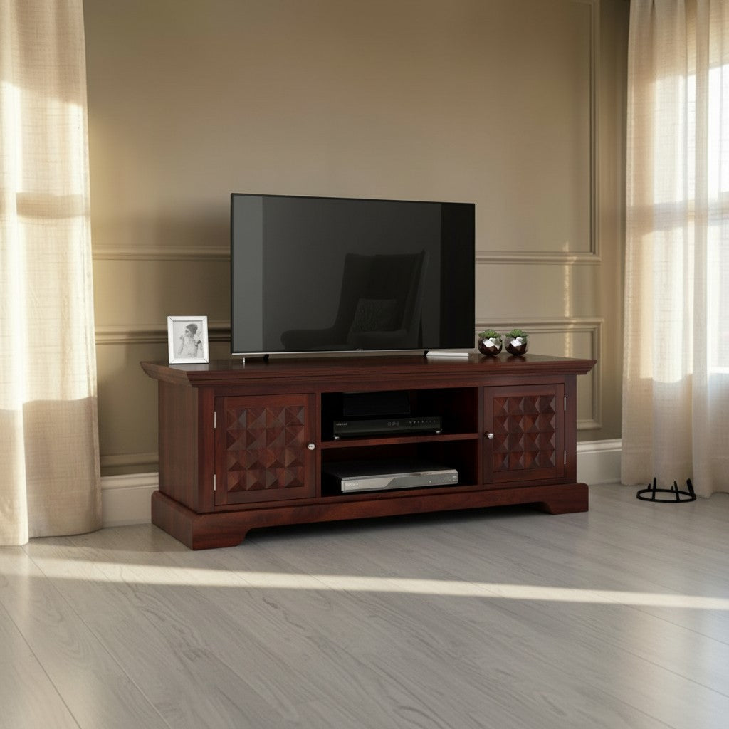 Homecrest Idris low-rise media unit in solid sheesham wood with a walnut finish and textured cabinet doors.