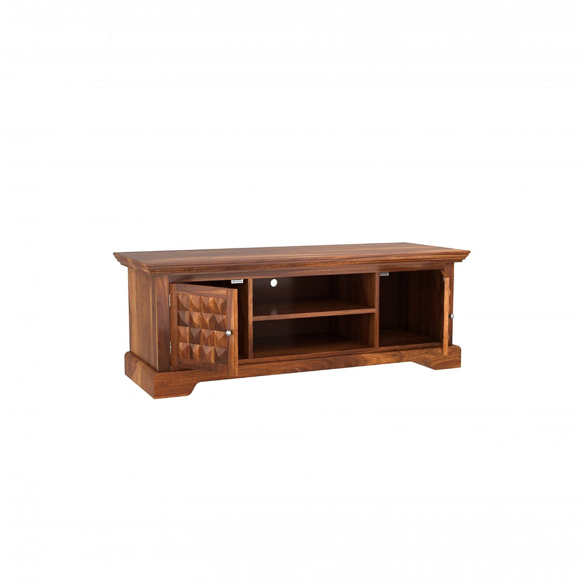 Homecrest Idris low-rise media unit in solid sheesham wood with a natural matte finish and textured cabinet doors.