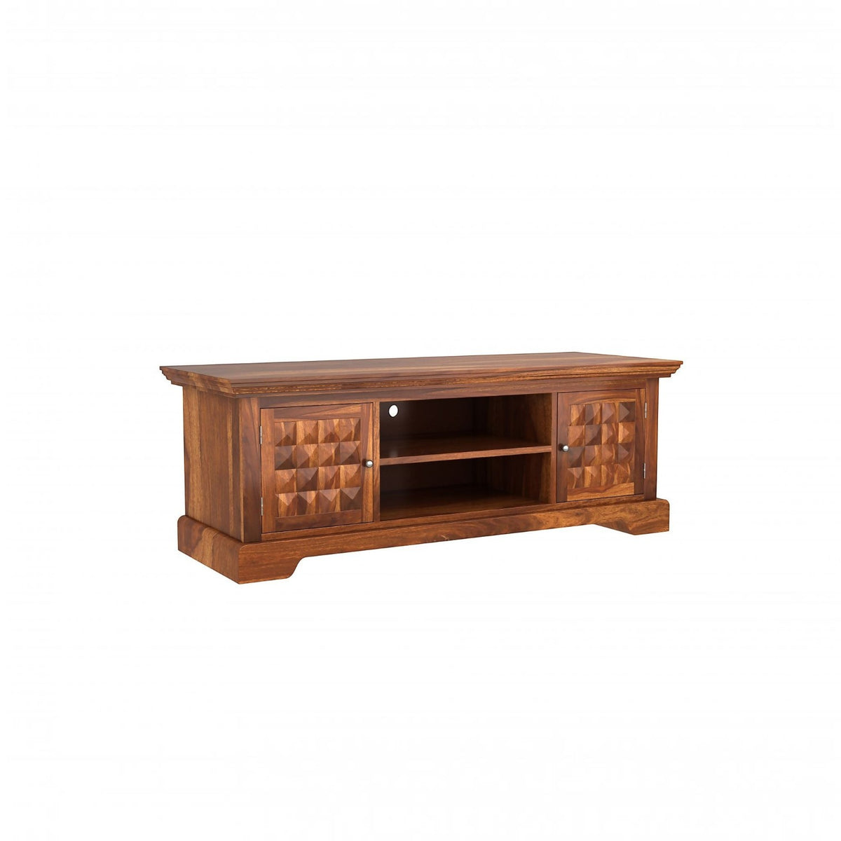 Homecrest Idris low-rise media unit in solid sheesham wood with a natural matte finish and textured cabinet doors.