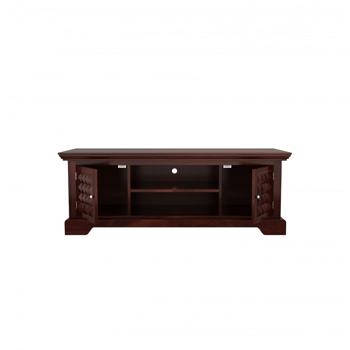 Homecrest Idris low-rise media unit in solid walnut-toned sheesham wood with carved cabinet doors and open shelving.