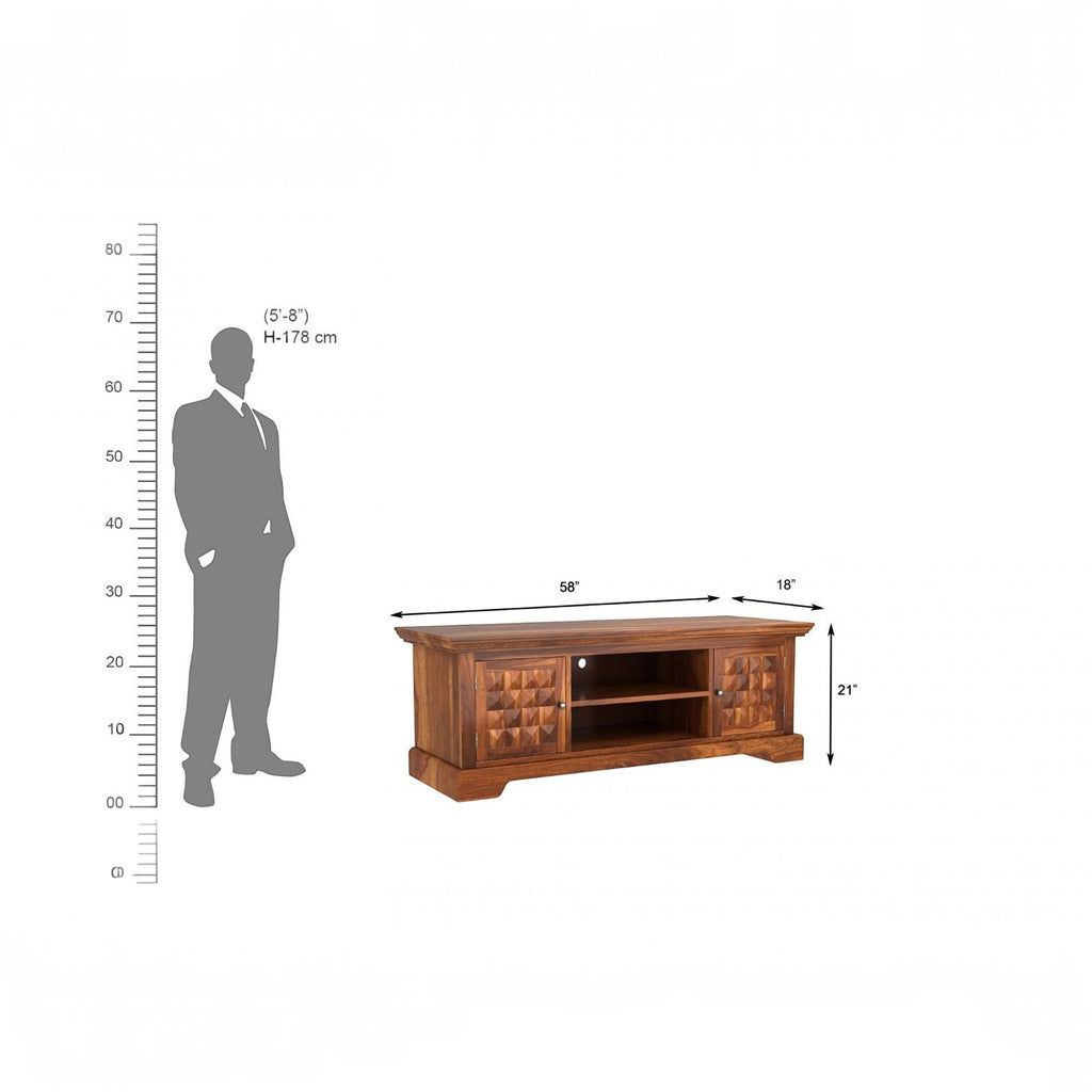 Homecrest Idris low-rise media unit in solid sheesham wood with a natural matte finish and textured cabinet doors.