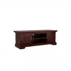 Homecrest Idris low-rise media unit in solid walnut-toned sheesham wood with textured cabinet doors