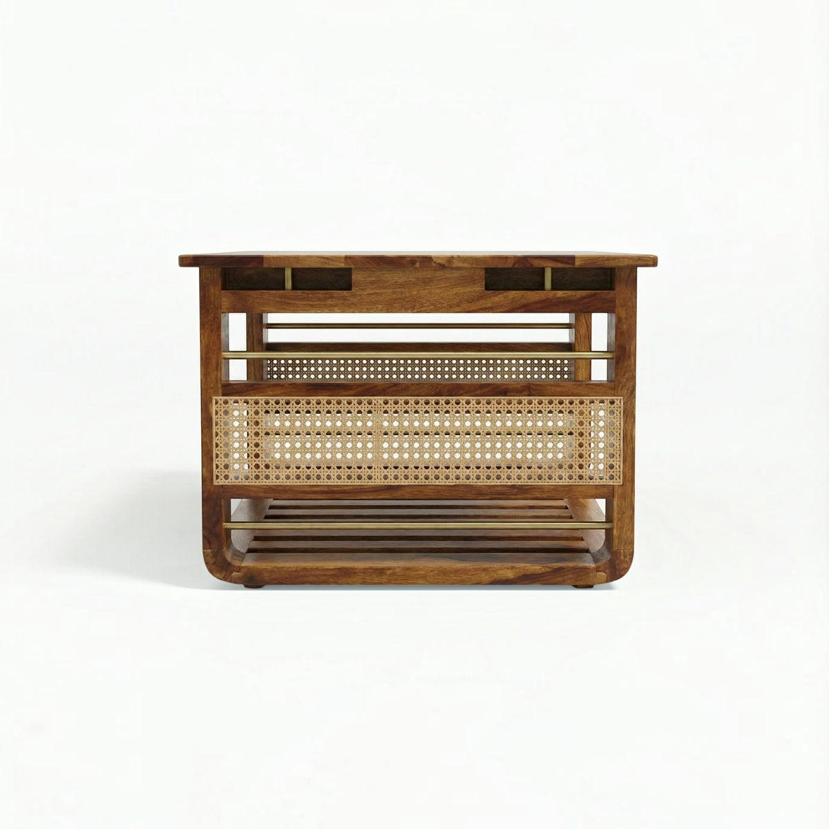 Homecrest Ilva rectangular coffee table made of dark Sheesham wood with natural rattan cane panel detailing