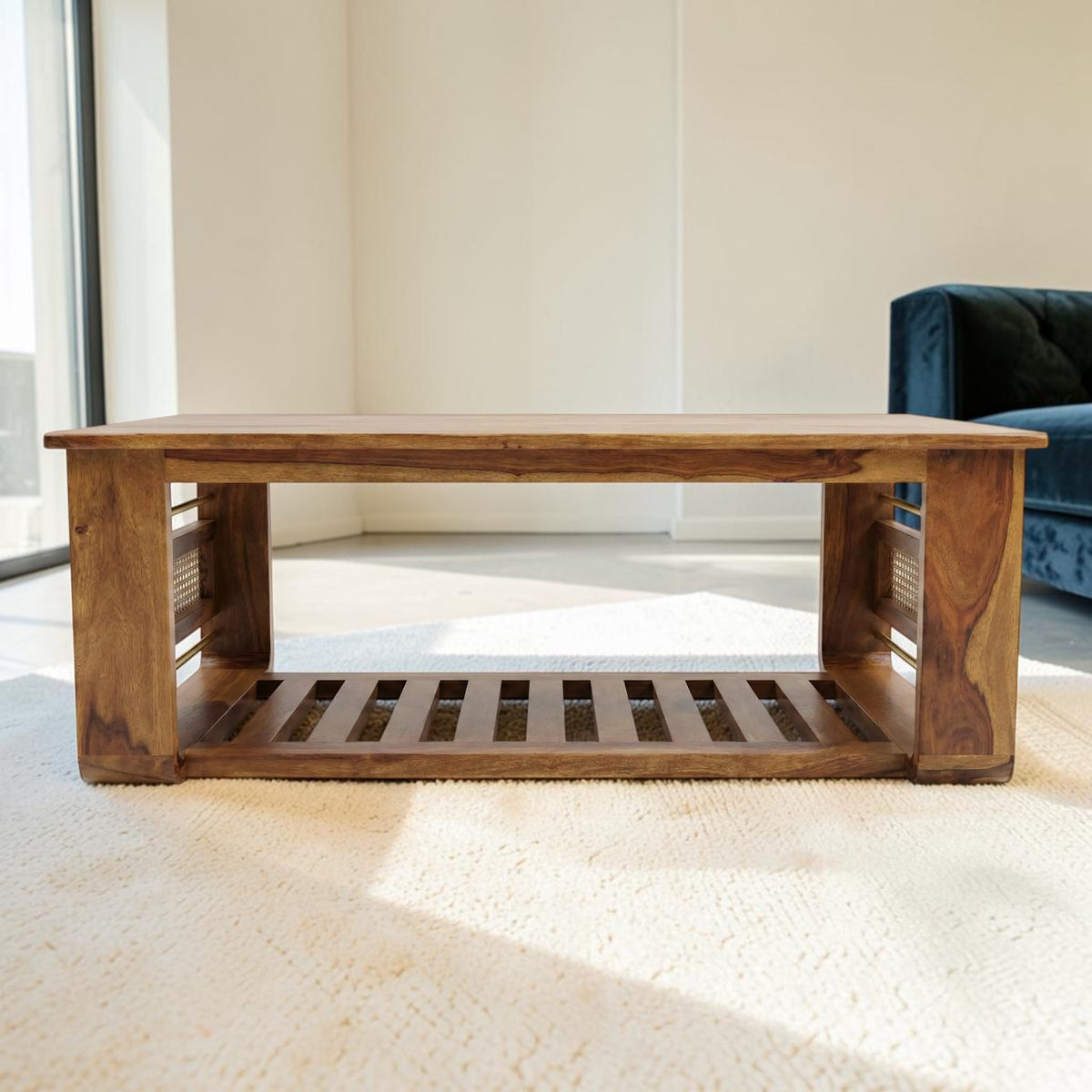 Homecrest Ilva rectangular coffee table in natural Sheesham wood with rattan cane side panels and slatted base