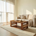 Homecrest Ilva rectangular coffee table made of brown Sheesham wood with natural rattan cane side panels in a living room