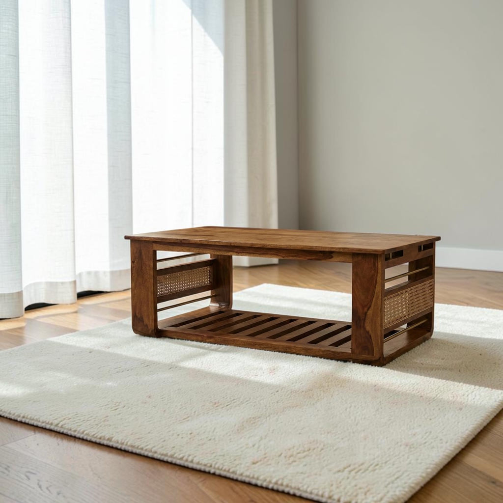 Homecrest Ilva rectangular coffee table made of brown Sheesham wood with natural rattan cane side panels.