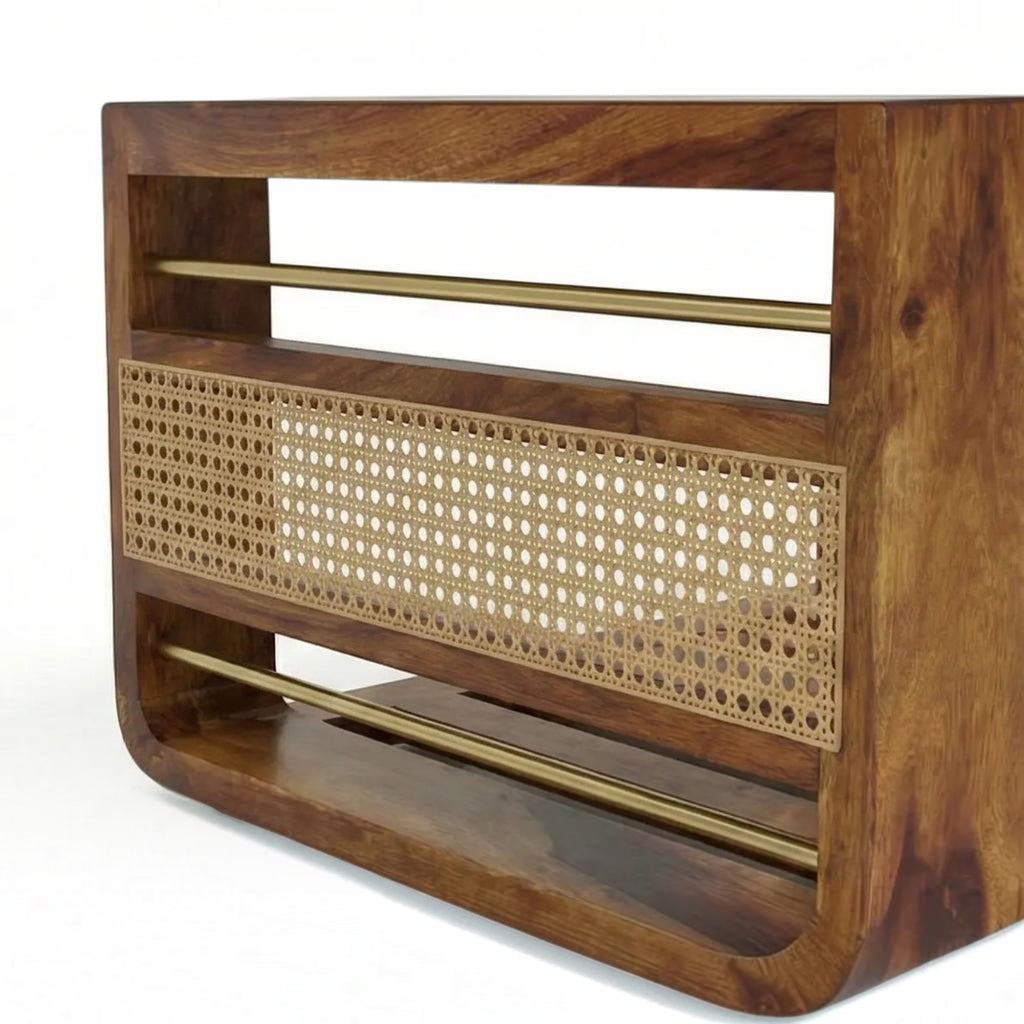 Homecrest Ilva rectangular coffee table made of dark Sheesham wood with a decorative rattan cane panel insert.
