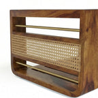Homecrest Ilva rectangular coffee table made of dark Sheesham wood with a decorative rattan cane panel insert.