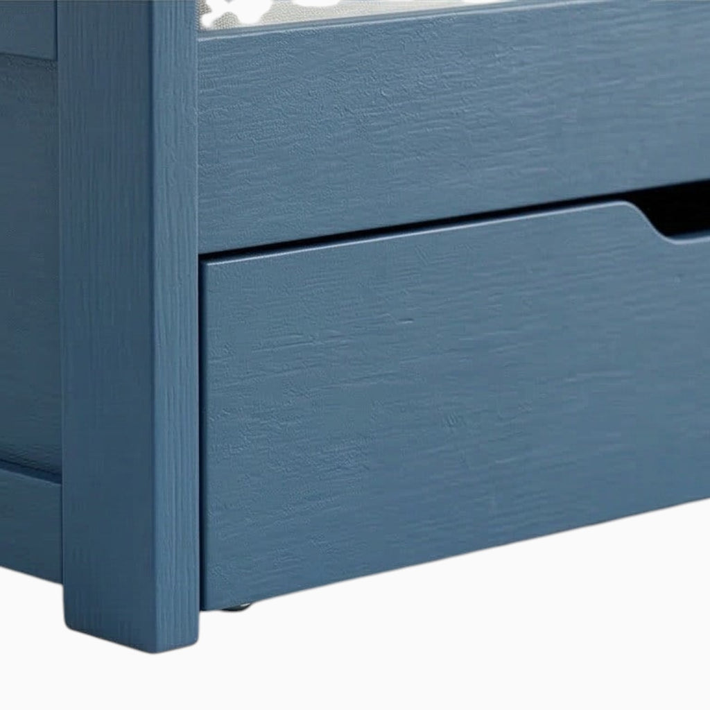 Homecrest indigo blue solid mango wood bed frame featuring a smooth-glide side storage drawer with matte finish