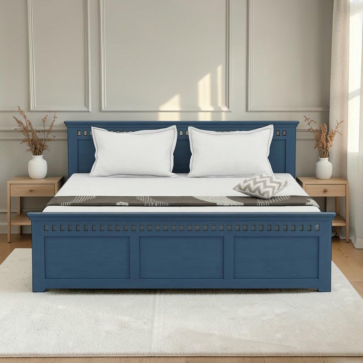 Homecrest Nyland indigo blue solid mango wood platform bed with a recessed panel headboard and footboard