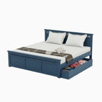 Homecrest Nyland indigo blue solid mango wood platform bed with a recessed panel headboard and side storage drawer.