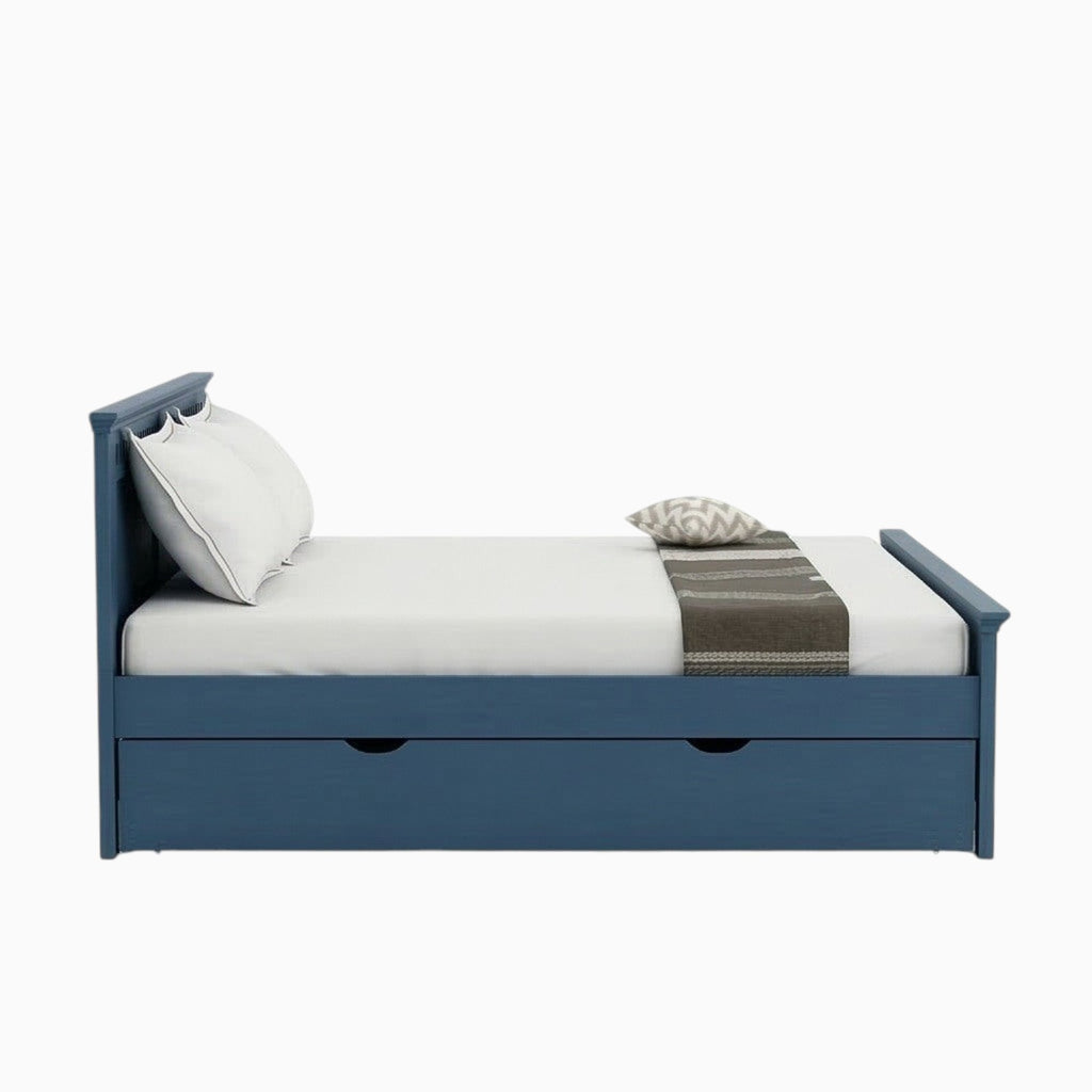 Homecrest Nyland indigo blue solid mango wood platform bed with a side storage drawer and recessed panel headboard.