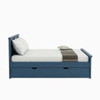 Homecrest Nyland indigo blue solid mango wood platform bed with a side storage drawer and recessed panel headboard.