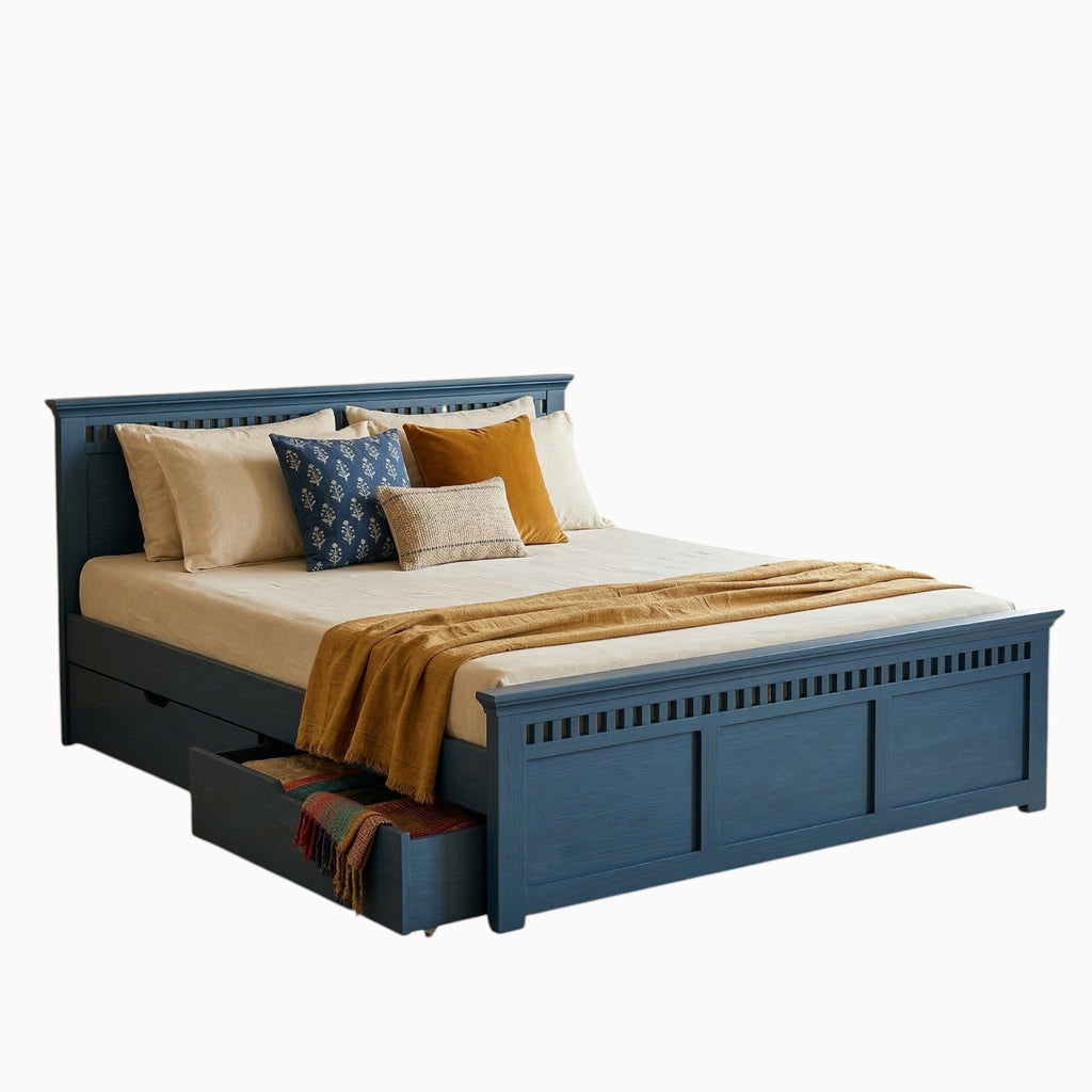 Homecrest indigo blue solid mango wood platform bed with a recessed panel headboard and side storage drawer.