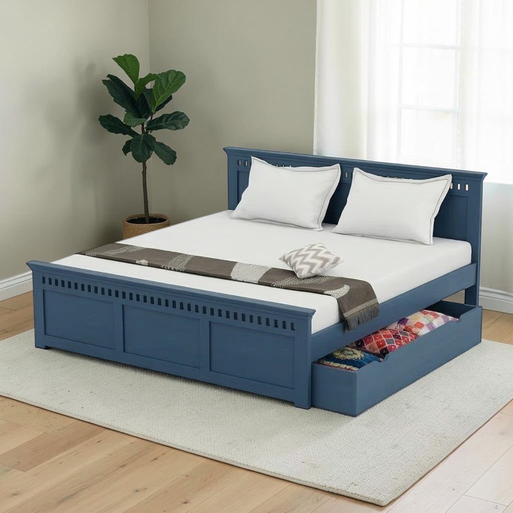 Homecrest Nyland indigo blue solid mango wood platform bed with a side pull-out storage drawer and panel headboard.