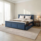 Homecrest Nyland indigo blue solid mango wood platform bed with a recessed panel headboard and side storage drawer.