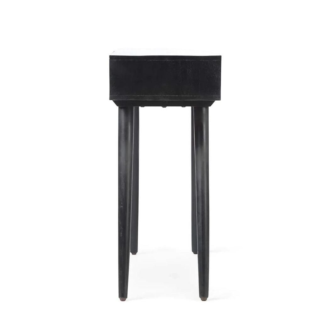 Homecrest Isla black console table with slim legs viewed from the side, showcasing its narrow profile.