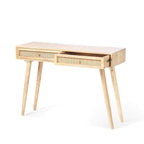 Homecrest Isla natural wood console table with two woven rattan cane drawers and gold handles