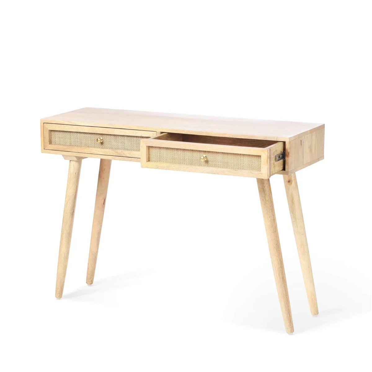 Homecrest Isla natural wood console table with two woven rattan cane drawers and gold handles