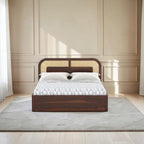 Homecrest Rhodin Sheesham wood bed with a walnut finish, cane headboard detailing, and convenient hydraulic storage.