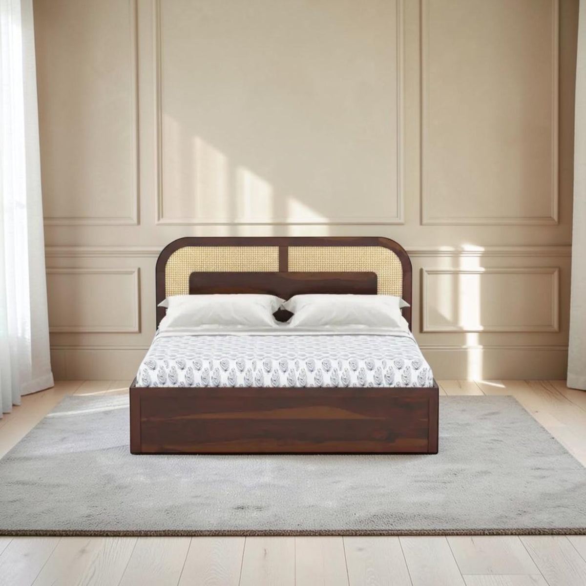 Homecrest Rhodin Sheesham wood bed with a walnut finish, cane headboard detailing, and convenient hydraulic storage.